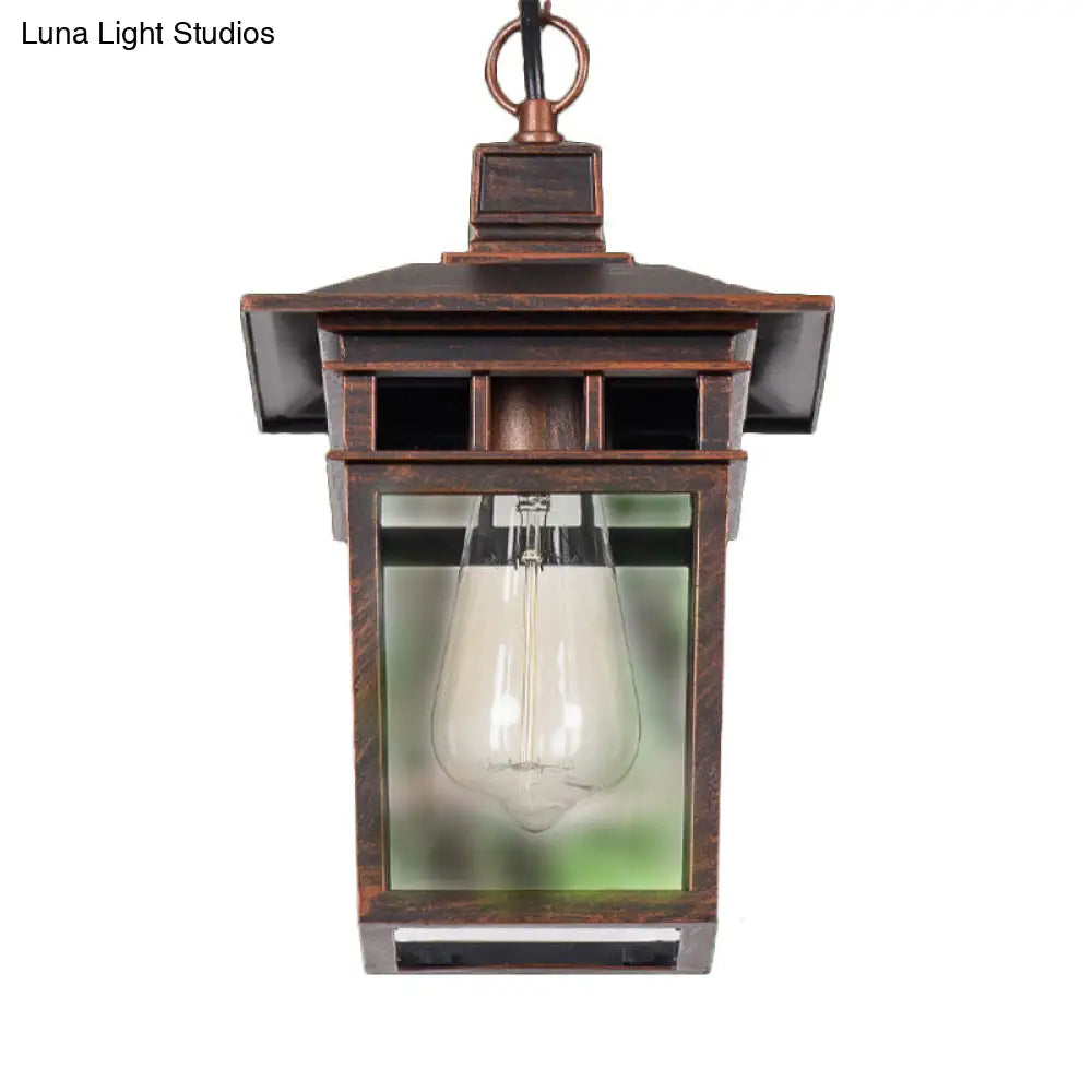 Industrial Lantern Hanging Pendant Lamp - Metal & Clear Glass, 1 Light - Outdoor Porch Lighting in Black/Bronze/Gold