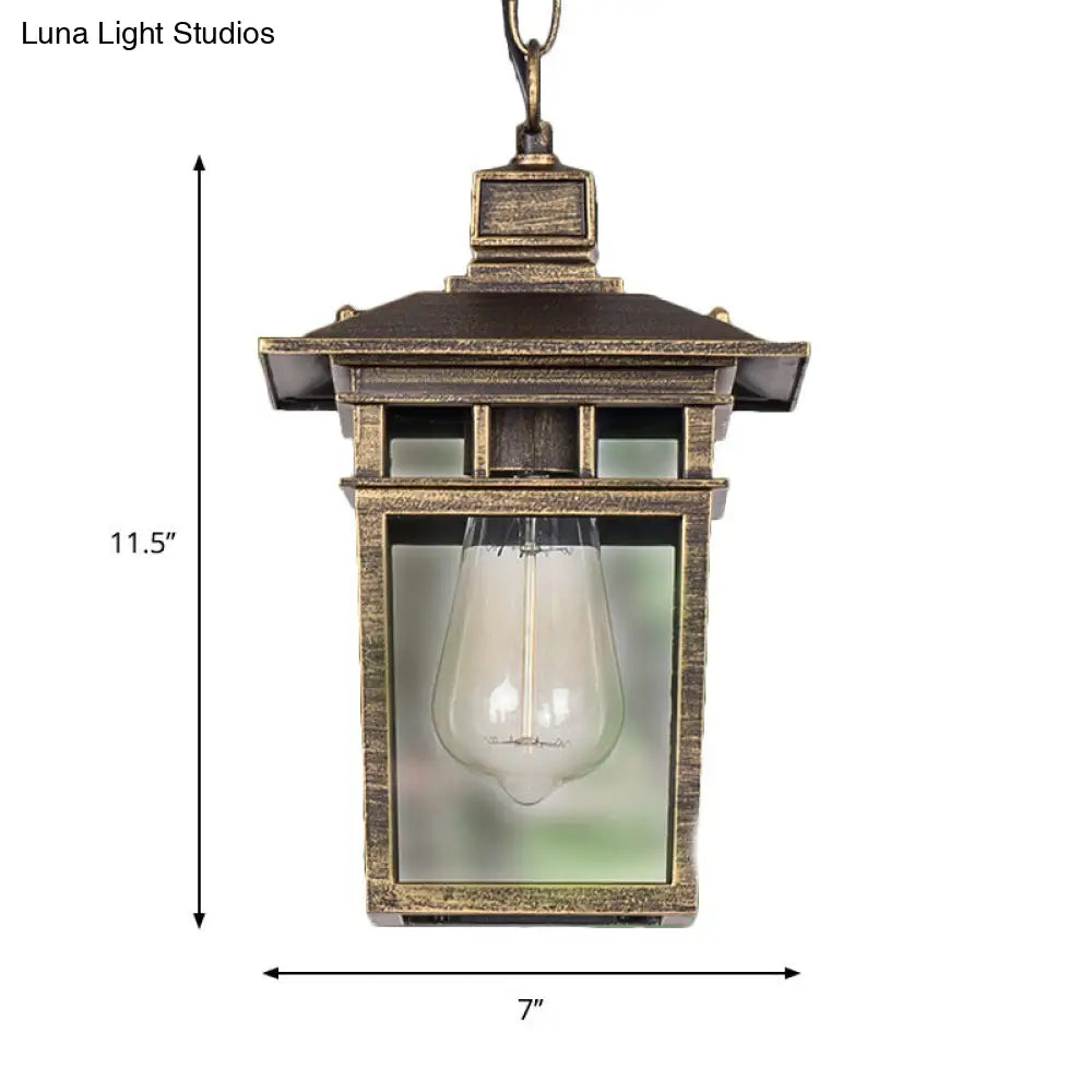 Industrial Lantern Hanging Pendant Lamp - Metal & Clear Glass, 1 Light - Outdoor Porch Lighting in Black/Bronze/Gold