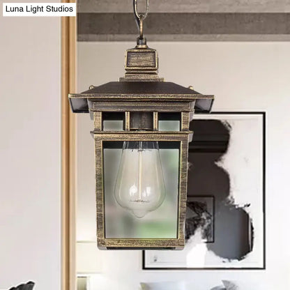 Industrial Lantern Hanging Pendant Lamp - Metal & Clear Glass, 1 Light - Outdoor Porch Lighting in Black/Bronze/Gold