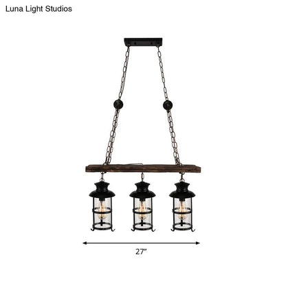 DecorBites™ Industrial Lantern Pendant Light with Clear Glass, Wood Decoration, and Cage Design - 2/3 Lights - Black