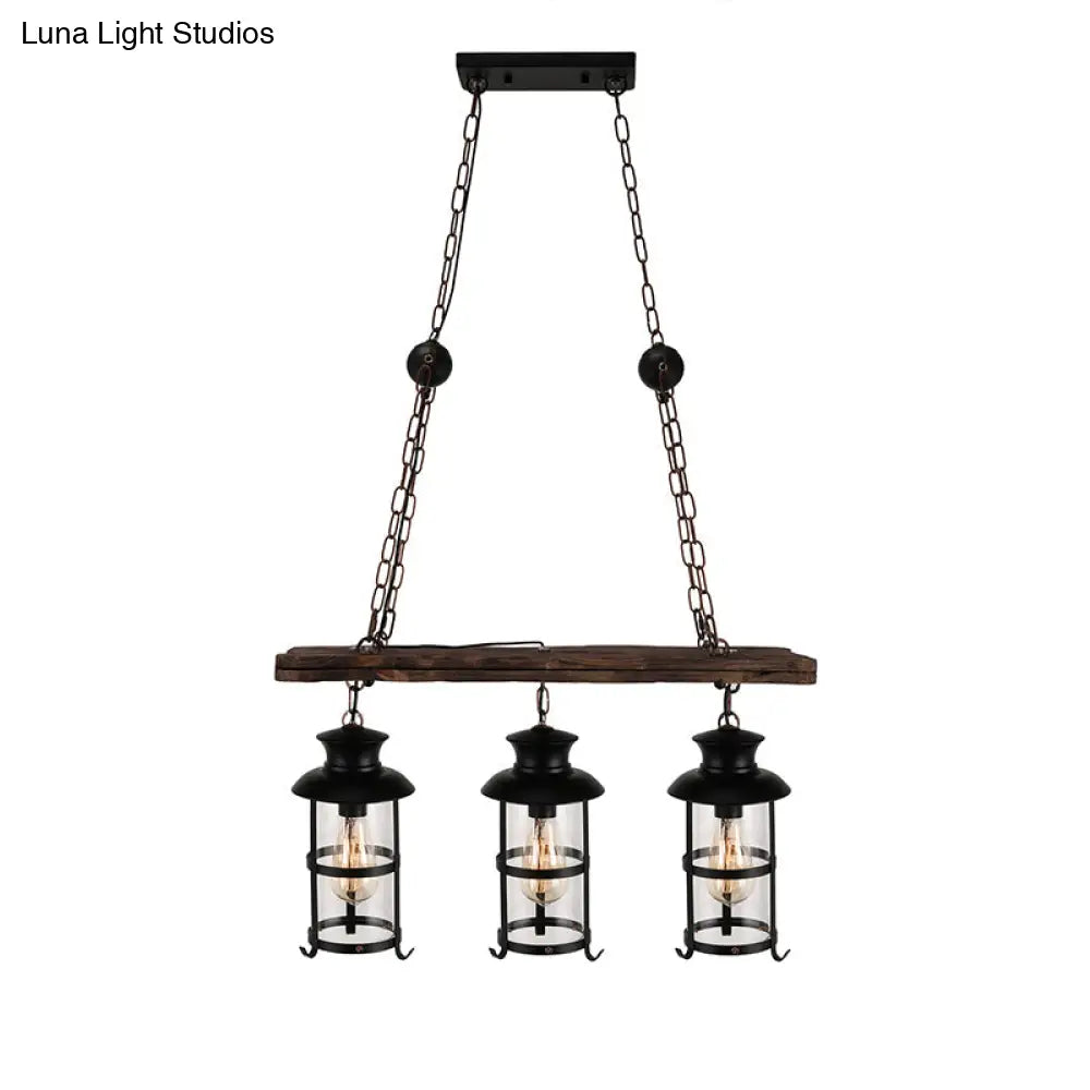 DecorBites™ Industrial Lantern Pendant Light with Clear Glass, Wood Decoration, and Cage Design - 2/3 Lights - Black