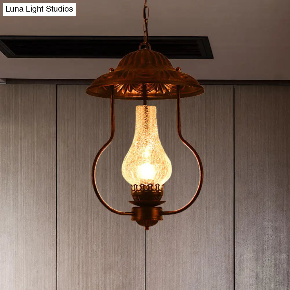 Industrial Lantern Pendant Light with Crackle Glass: Clear, Bronze Finish