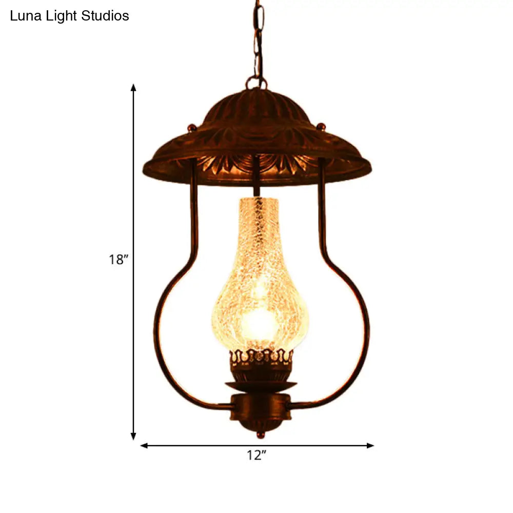 Industrial Lantern Pendant Light with Crackle Glass: Clear, Bronze Finish