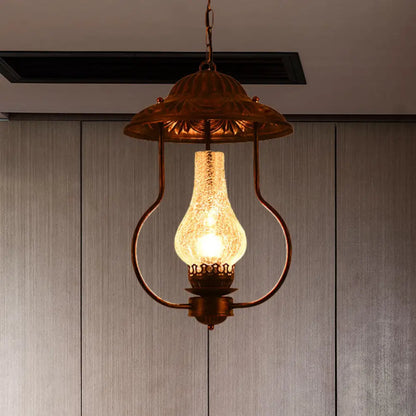 Industrial Lantern Pendant Light with Crackle Glass: Clear, Bronze Finish