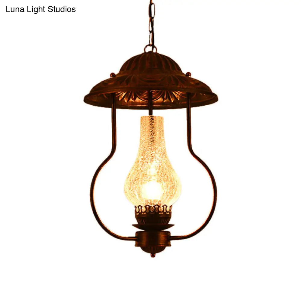 Industrial Lantern Pendant Light with Crackle Glass: Clear, Bronze Finish