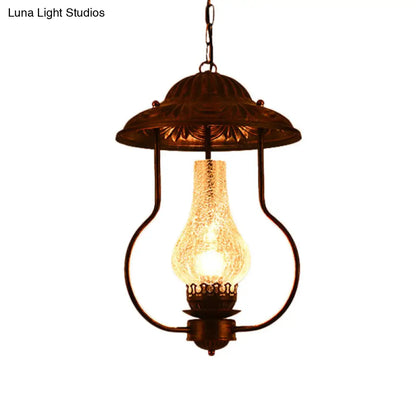 Industrial Lantern Pendant Light with Crackle Glass: Clear, Bronze Finish