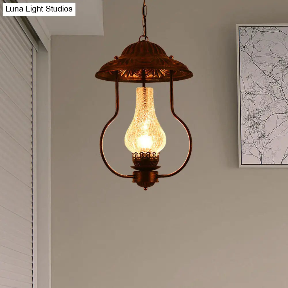 Industrial Lantern Pendant Light with Crackle Glass: Clear, Bronze Finish