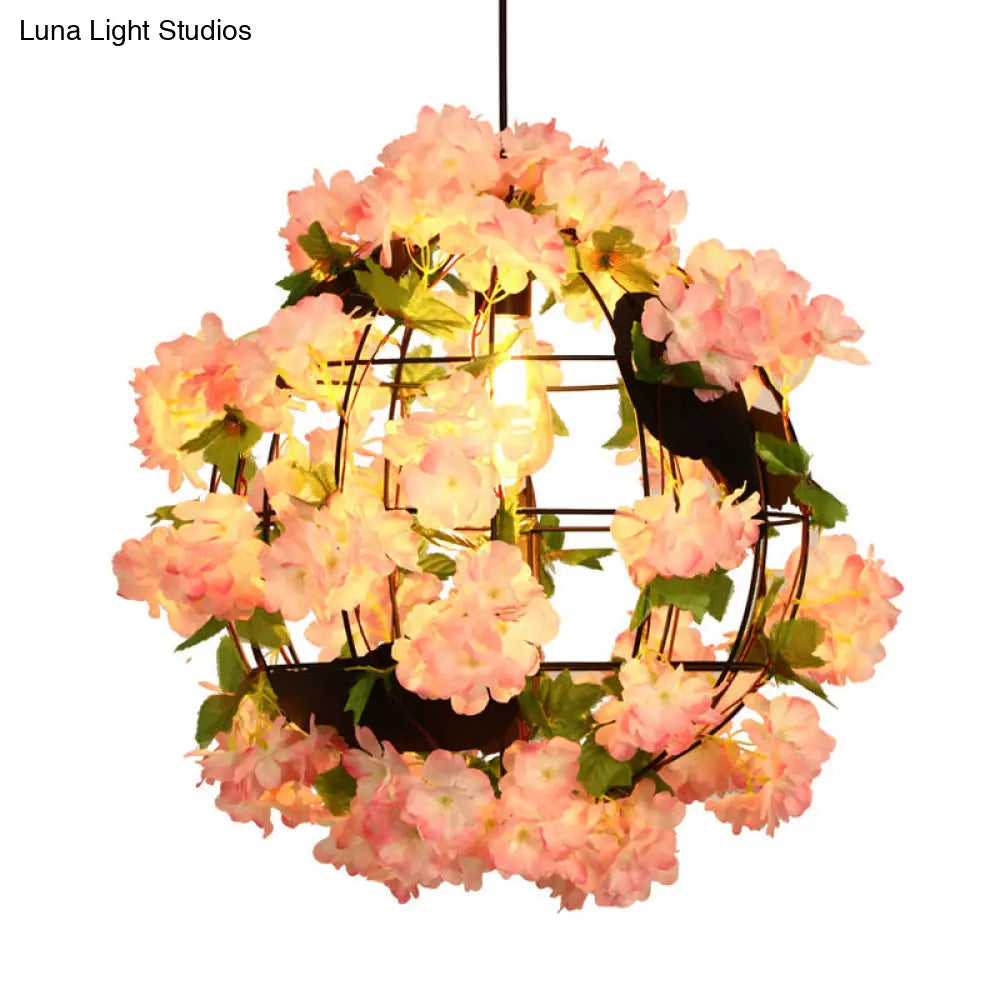 Industrial LED Drop Lamp Pendant - Metal Black Orb, 12"/16" Diameter, 1 Head, Cherry Blossom Design