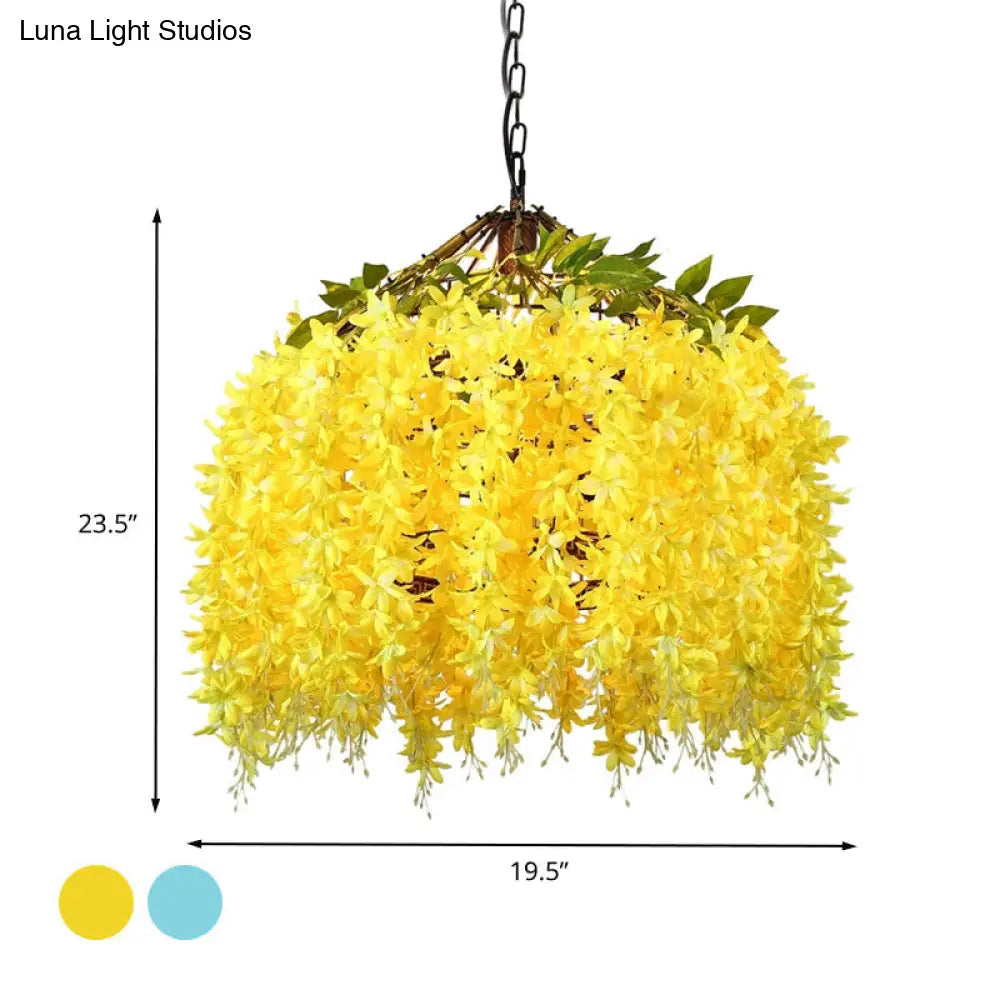 Industrial LED Hanging Lamp Kit for Restaurants - Ceiling Hang Fixture with Blossom Metal Shade in Blue/Yellow