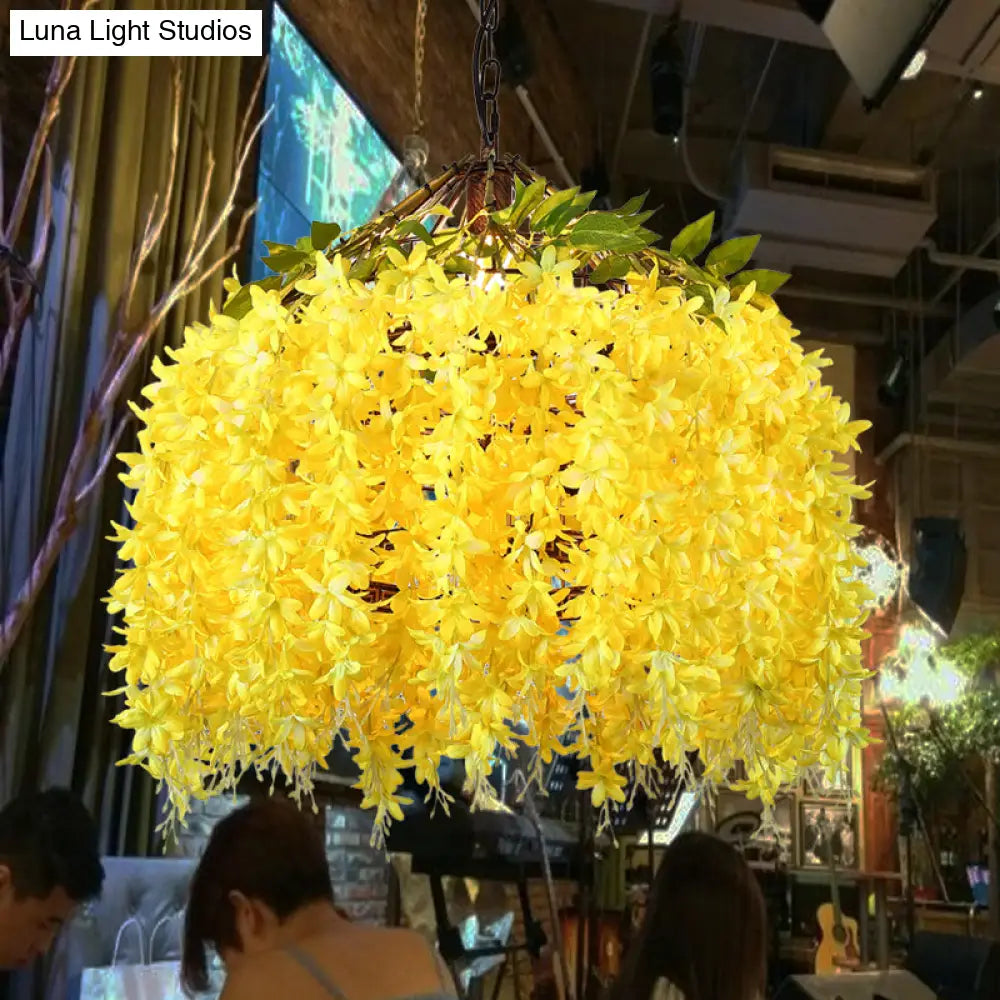 Industrial LED Hanging Lamp Kit for Restaurants - Ceiling Hang Fixture with Blossom Metal Shade in Blue/Yellow