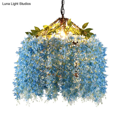 Industrial LED Hanging Lamp Kit for Restaurants - Ceiling Hang Fixture with Blossom Metal Shade in Blue/Yellow