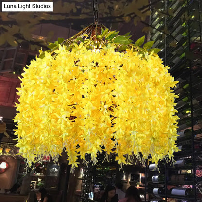 Industrial LED Hanging Lamp Kit for Restaurants - Ceiling Hang Fixture with Blossom Metal Shade in Blue/Yellow