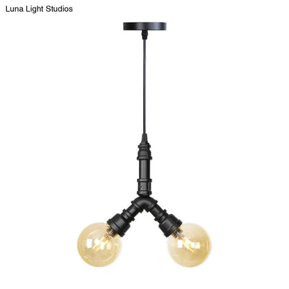 Industrial LED Pendant Chandelier with Amber/Clear Glass Shades - Hanging Light Kit for Restaurants (2-Pack)