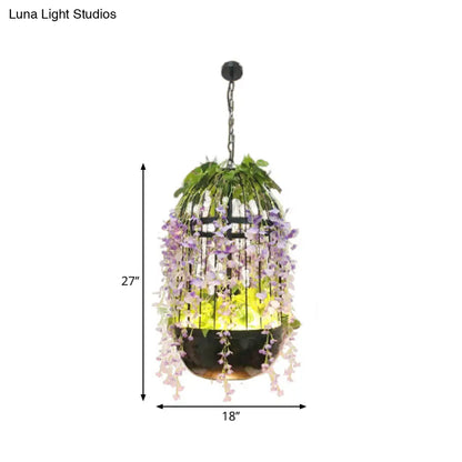 Industrial LED Pendant Lamp in Burst/Barn/Birdcage Design, Pink/Green/Purple Finish Iron, for Bistro