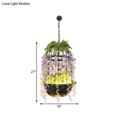 Industrial LED Pendant Lamp in Burst/Barn/Birdcage Design, Pink/Green/Purple Finish Iron, for Bistro