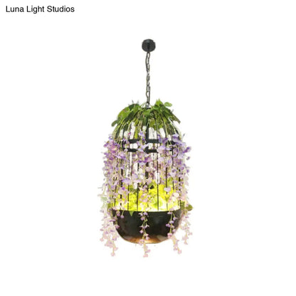 Industrial LED Pendant Lamp in Burst/Barn/Birdcage Design, Pink/Green/Purple Finish Iron, for Bistro