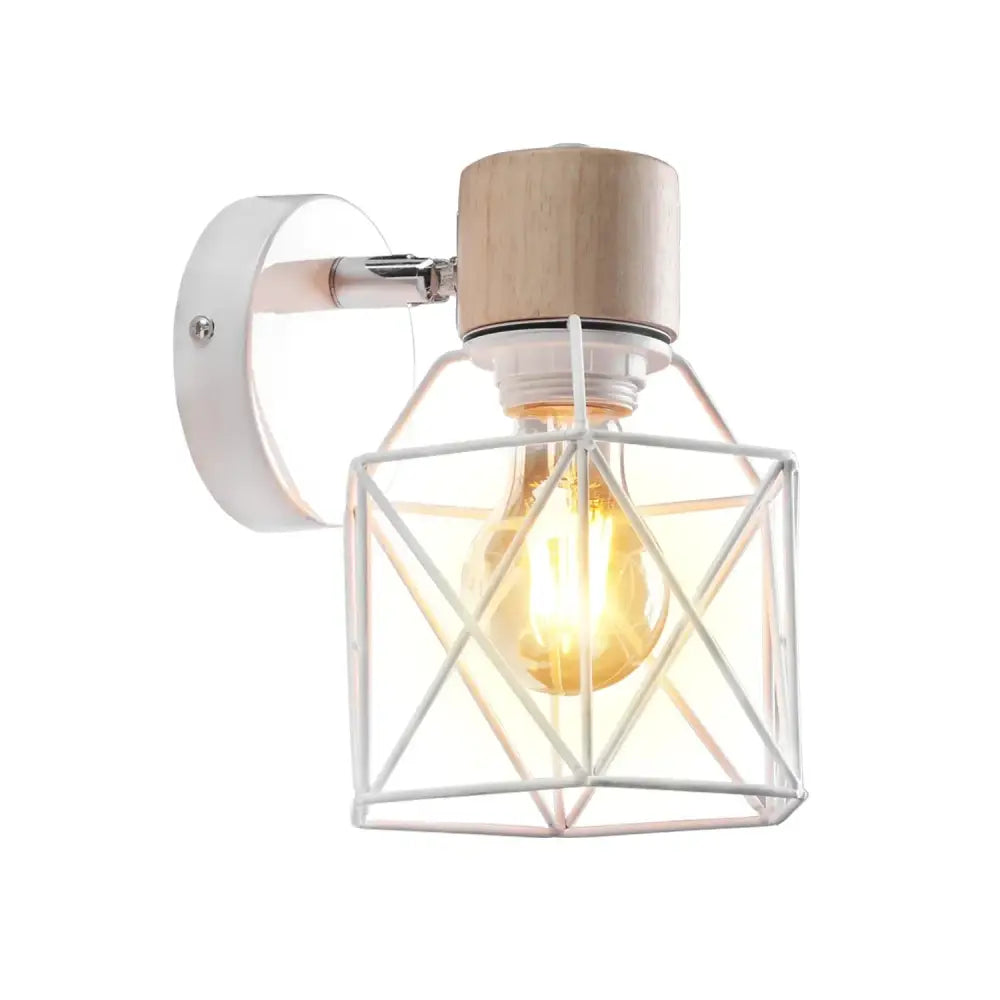 Industrial led wood wall sconce with white geometric wire cage, natural wood top, and exposed filament bulb decorbites industrial led