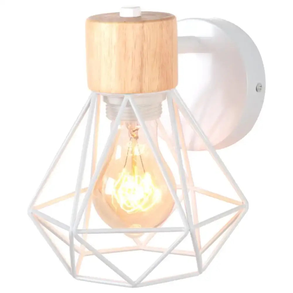 White geometric wire cage industrial led wood wall sconce with natural wood top and exposed filament bulb bedroom lamp