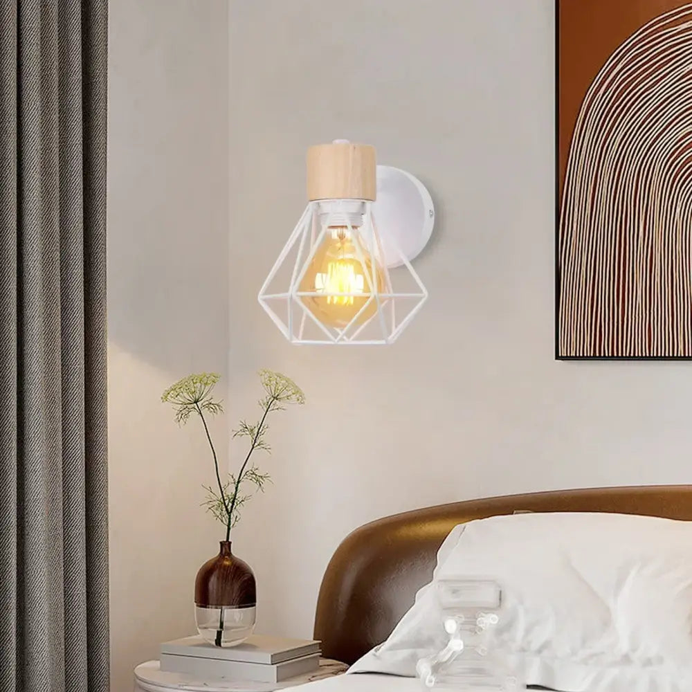 White geometric wire cage sconce with wooden top and exposed filament bulb for decorbites industrial led wood wall use