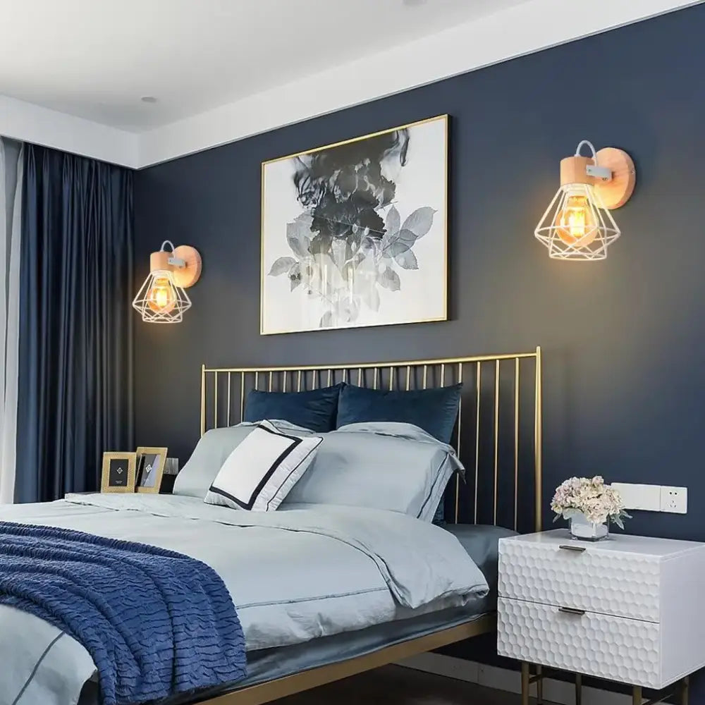 Gold-toned metal bed frame with vertical slats complementing decorbites industrial led wood wall sconce bedroom lamp design