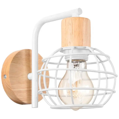 Industrial led wood wall sconce with white metal cage, natural wood finish, and exposed bulb for bedroom decorbites industrial led decor