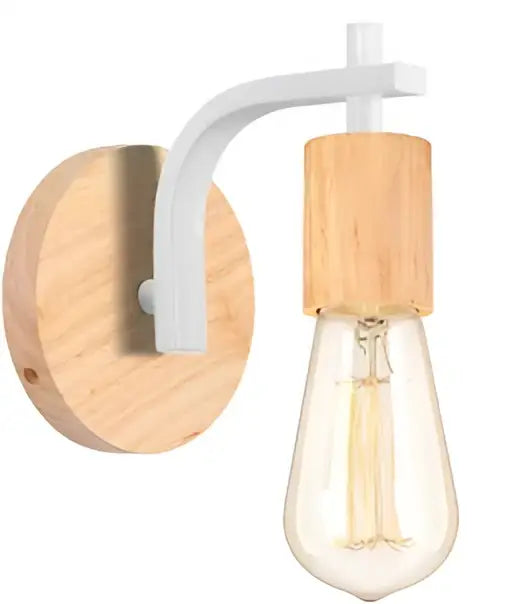 Industrial led wood wall sconce with white metal and light wood finish featuring clear glass edison bulb for bedroom decorbites industrial led