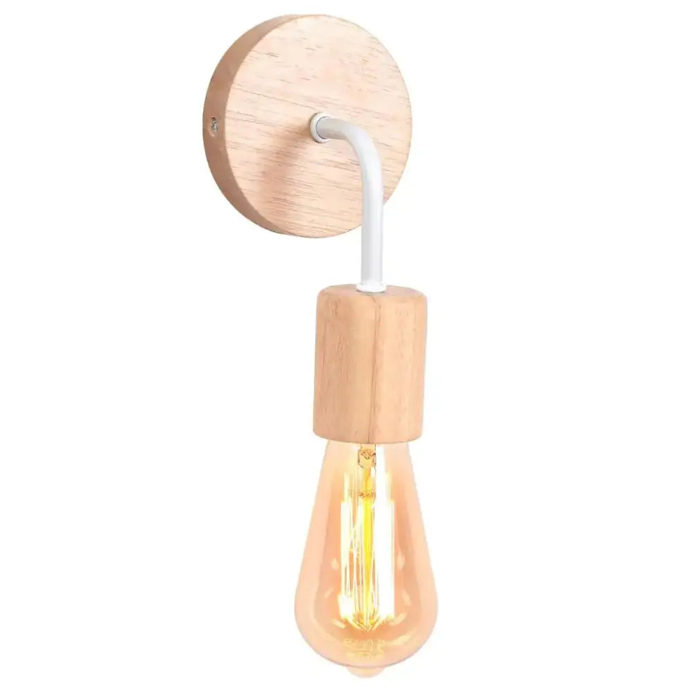 Industrial led wood wall sconce with white curved metal arm, natural wood base, and amber glass bulb for bedroom decorbites industrial led