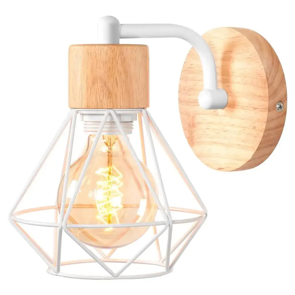 A modern industrial led wood wall sconce with white geometric cage, amber filament bulb, and natural wood accents for bedroom decor