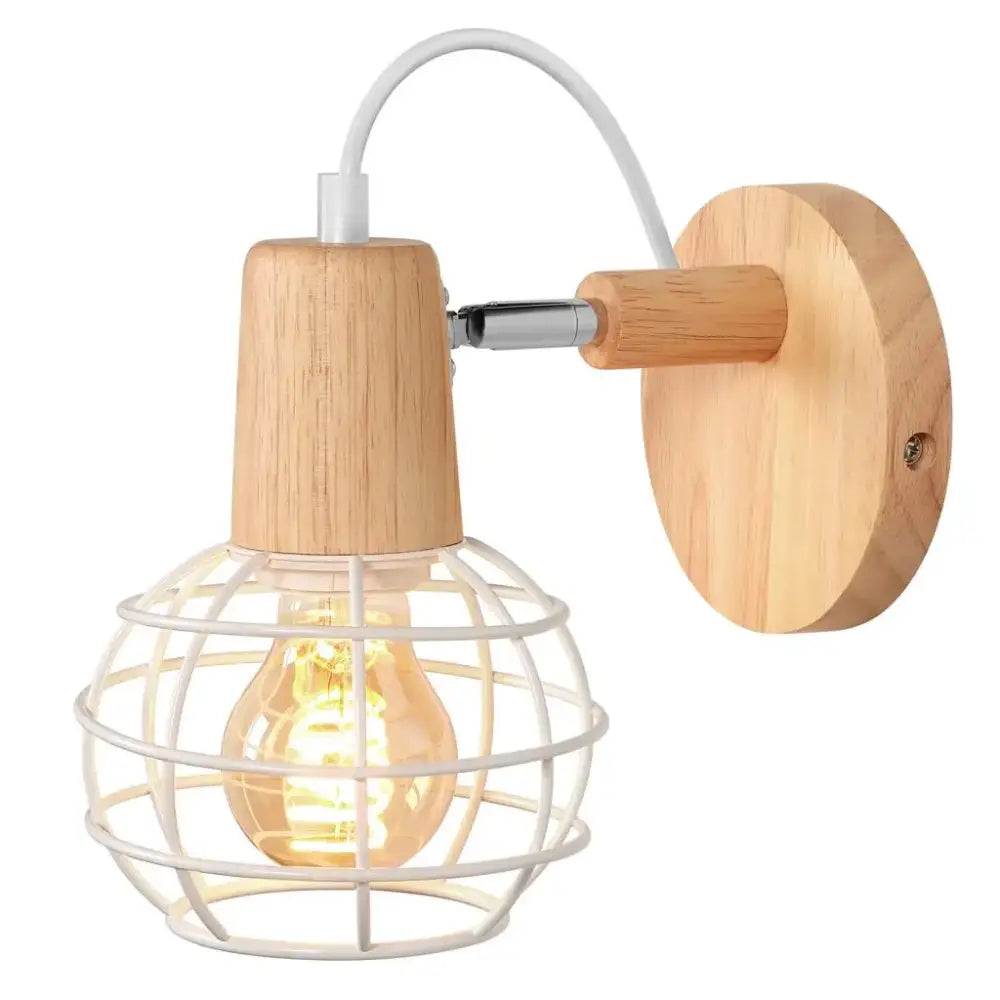 A rustic industrial led wood wall sconce with light wood base and white metal cage for bedroom decorbites industrial led