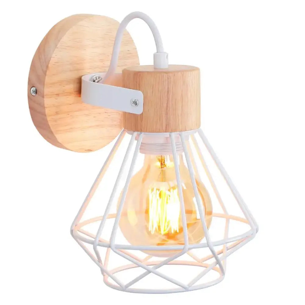 Industrial led wood wall sconce with warm-toned filament bulb, natural wood backplate, and white wire cage decorbites industrial led