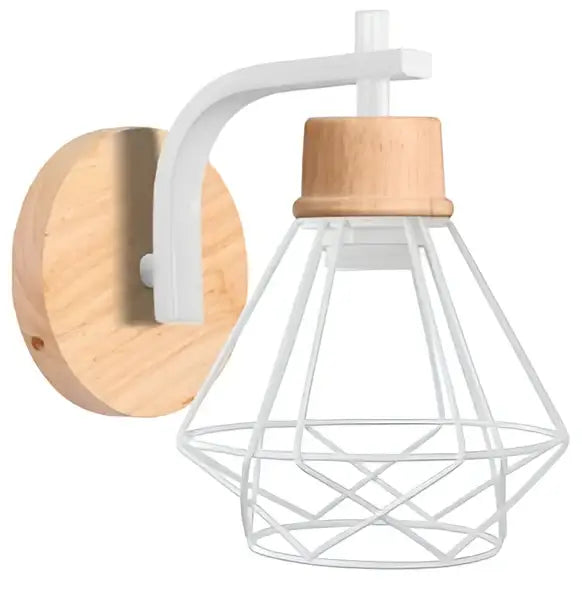 White wire cage industrial led wood wall sconce with natural wood circular backplate and wooden cap for bedroom decorbites industrial led