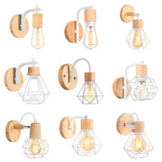 Industrial led wood wall sconce featuring wooden and white metal design with exposed edison bulbs and geometric cages