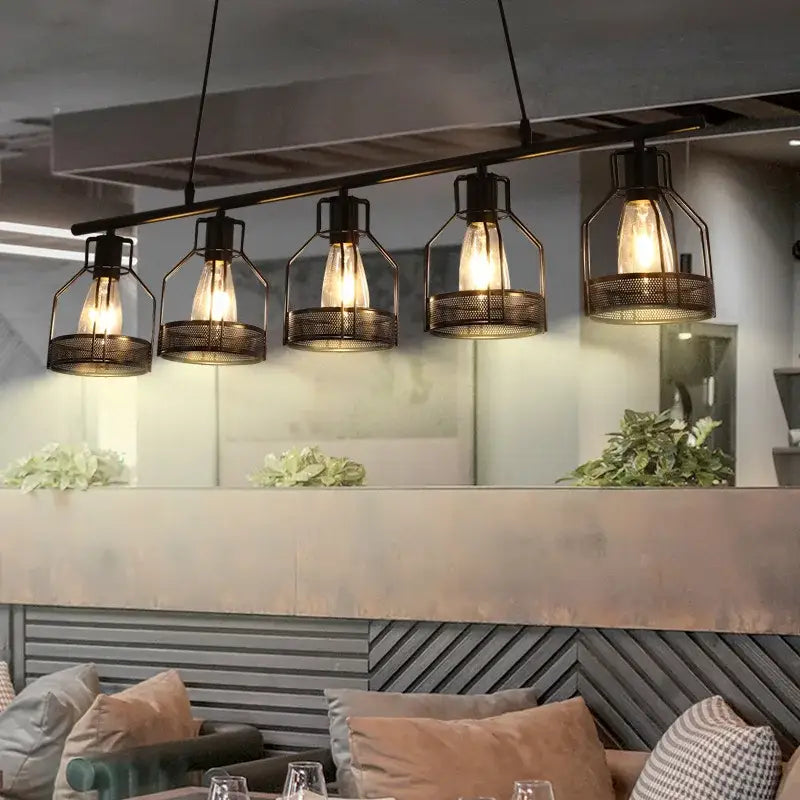 Industrial loft chandelier black mesh pendant light with exposed filament bulbs for dining room decorbites industrial loft