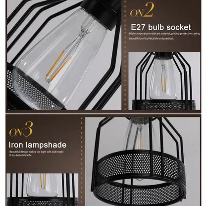 Black iron cage pendant light with clear glass bulb socket and perforated lampshade decorbites industrial loft chandelier