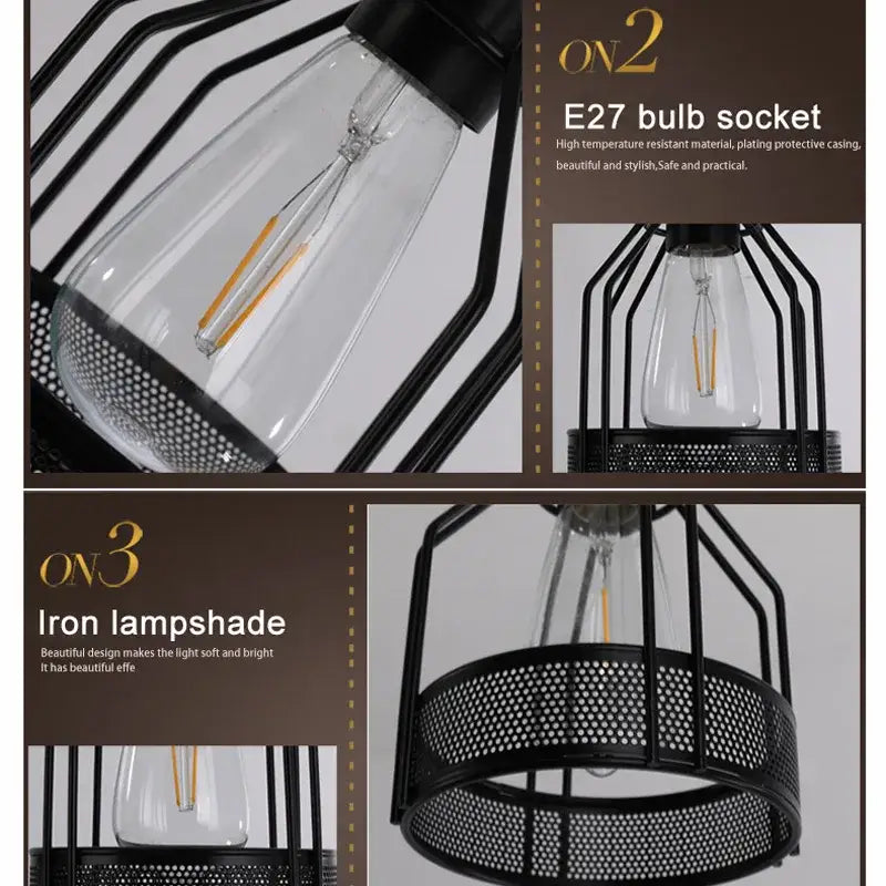Black iron cage pendant light with clear glass bulb socket and perforated lampshade decorbites industrial loft chandelier