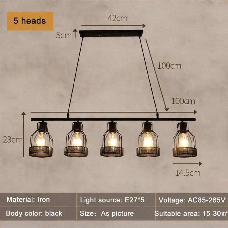 Black iron industrial loft chandelier with five exposed bulb heads and mesh pendant design for dining room decorbites industrial loft