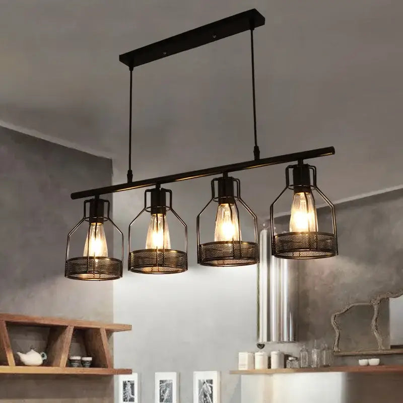Industrial loft chandelier black metal mesh pendant light with four exposed edison bulbs for dining room decorbites industrial