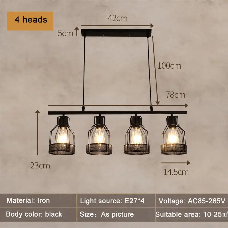 Black iron industrial loft chandelier with four exposed bulbs in wire mesh cages for dining room decorbites industrial