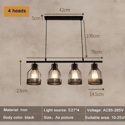 Black iron industrial loft chandelier with four exposed bulbs in wire mesh cages for dining room decorbites industrial
