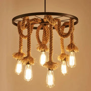 Rustic industrial loft chandelier by decorbites with natural rope and exposed filament bulbs for dining room decor