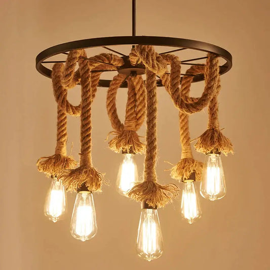 Rustic industrial loft chandelier by decorbites with natural rope and exposed filament bulbs for dining room decor