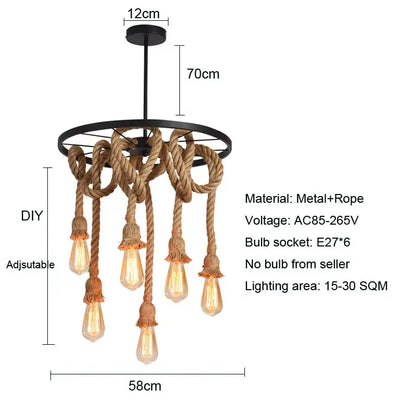 Industrial loft chandelier by decorbites with black metal frame and natural brown rope featuring six exposed Edison bulbs