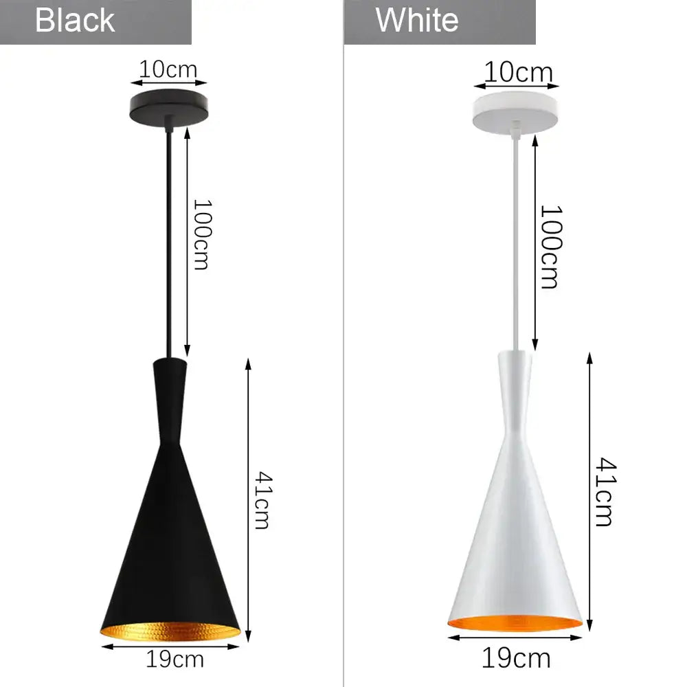 Black and white conical pendant lights with gold-lined interiors in a decorbites industrial loft chandelier pendant for dining room