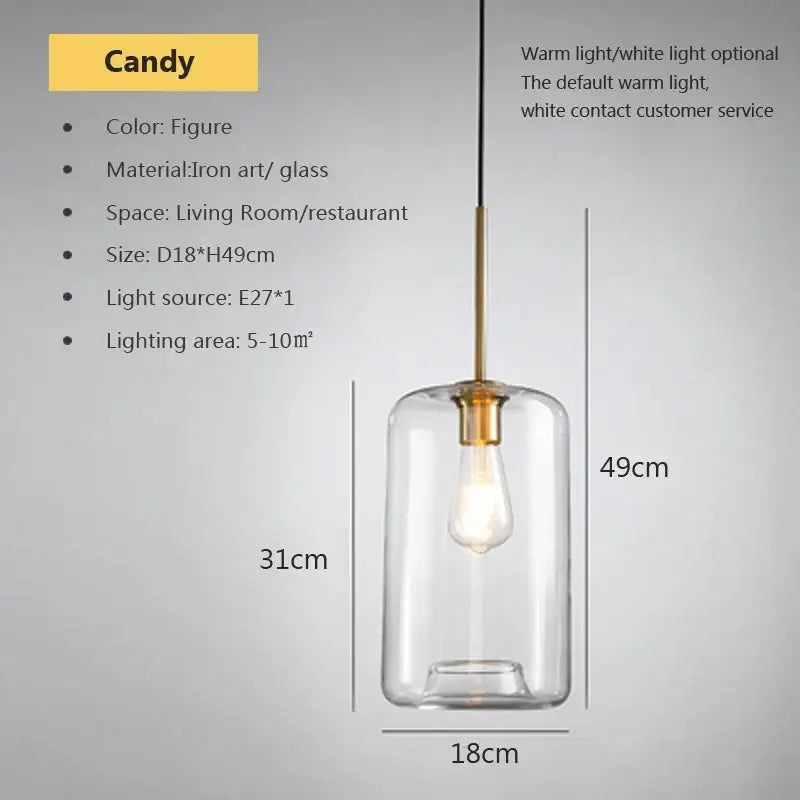 A modern industrial loft glass pendant light with clear glass cylinder and brass iron art fixture for dining room decorbites