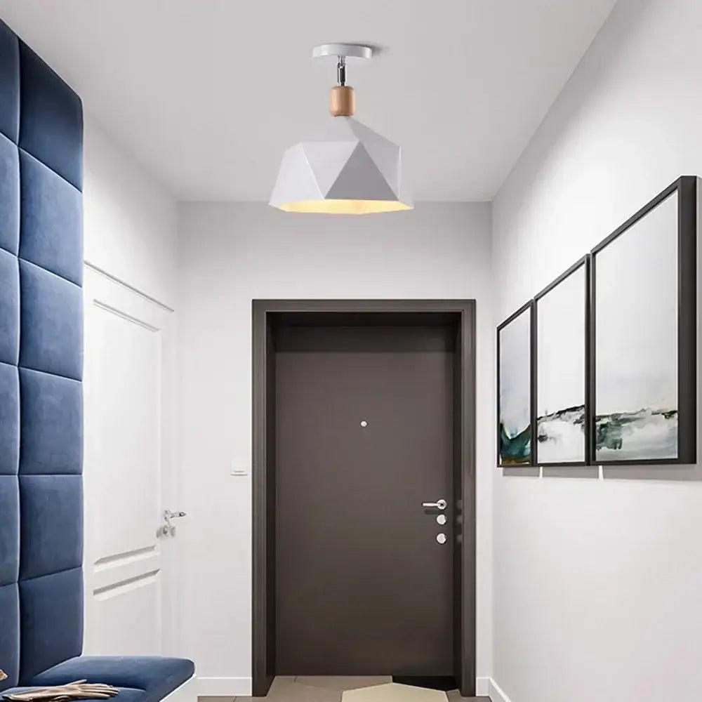 Geometric white pendant light with wooden accent and metallic fixture for decorbites industrial loft ceiling use