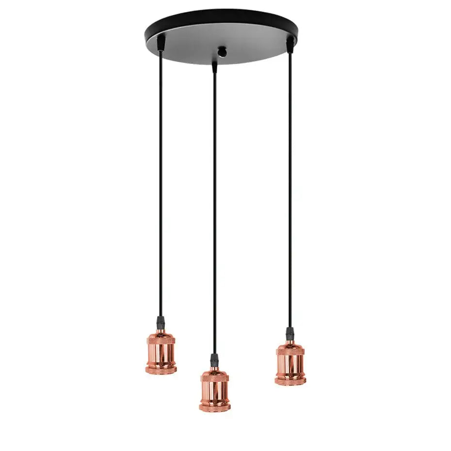 Copper-finished industrial loft led pendant light with three bulbs hanging from a black circular ceiling mount decorbites industrial loft