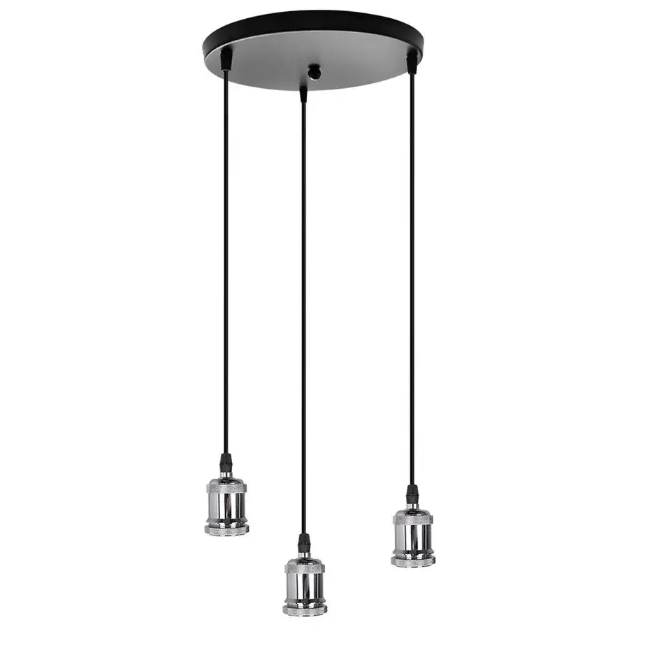 Black pendant light with three chrome bulb holders suspended by cords decorbites industrial loft led kitchen dining room decor