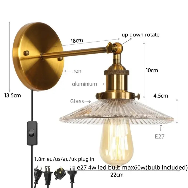 Brass-finished decorbites industrial loft led wall light with textured glass shade and exposed Edison bulb for bedroom decor