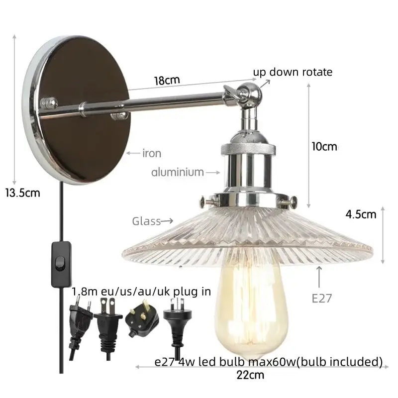 Chrome finished adjustable industrial loft led wall light with faceted glass shade and included e27 led bulb for bedroom decorbites industrial loft