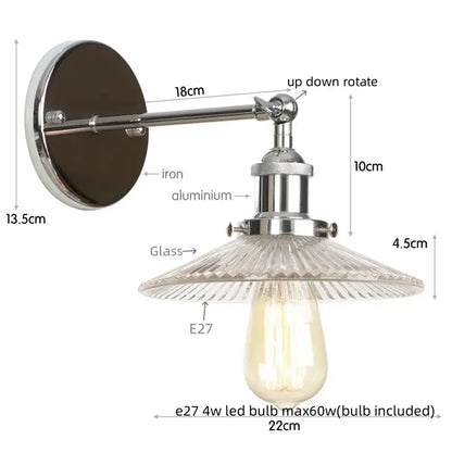Chrome-finished industrial loft led adjustable wall light with faceted glass shade and included e27 led bulb for bedroom decorbites industrial loft